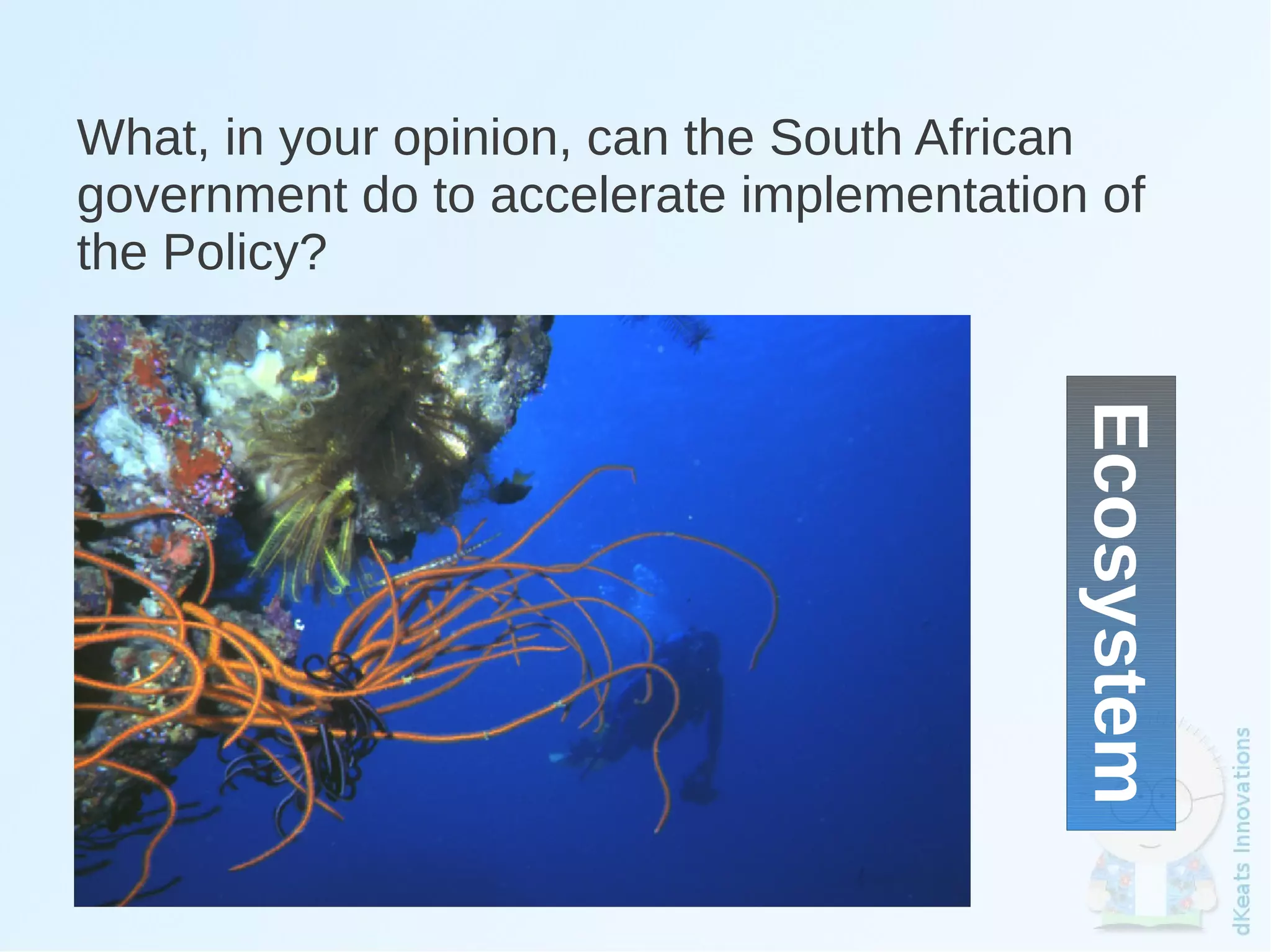 What, in your opinion, can the South African
    government do to accelerate implementation of
    the Policy?




                                              Ecosystem
                            
 