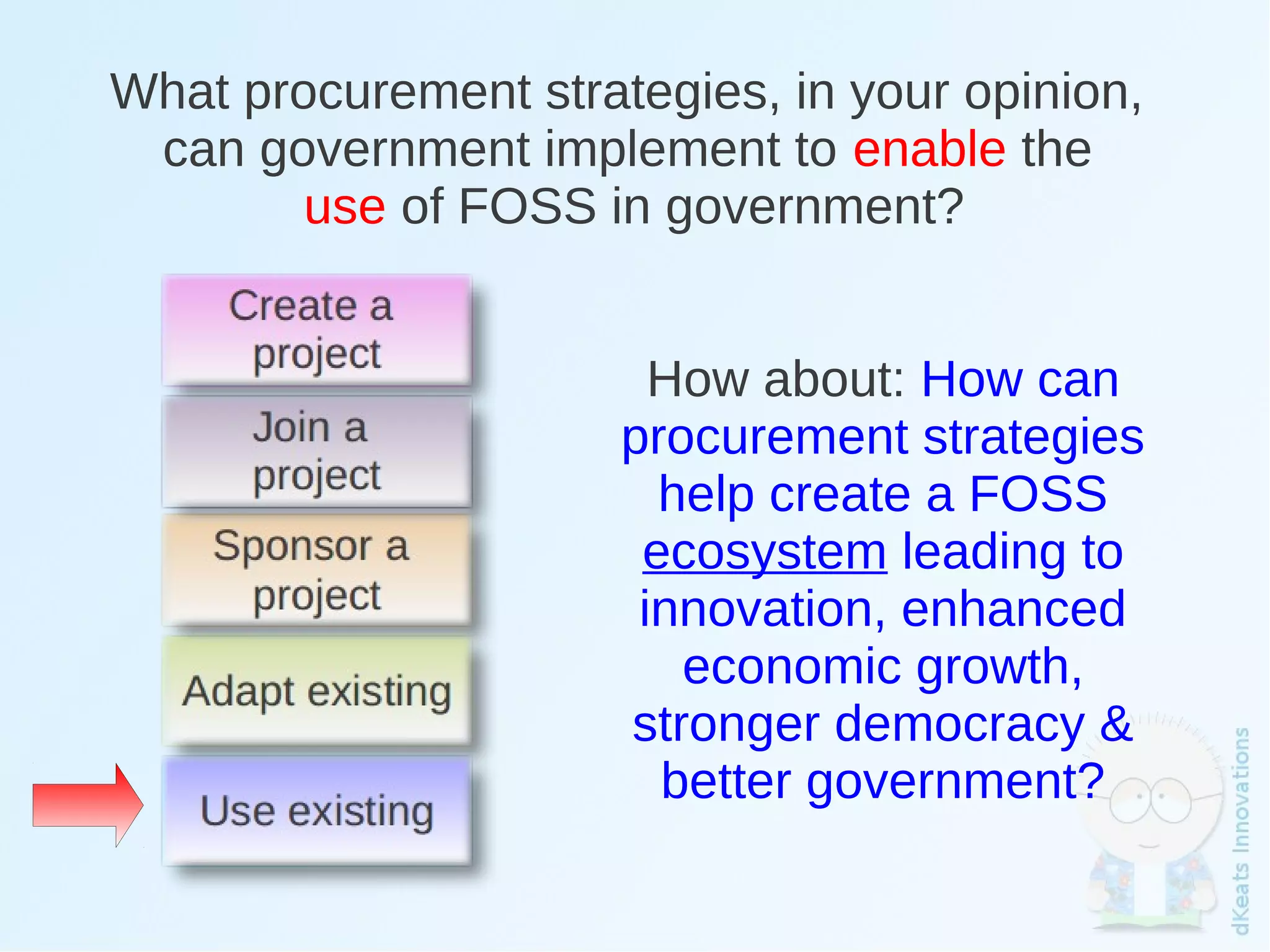 What procurement strategies, in your opinion,
     can government implement to enable the
            use of FOSS in government?


                            How about: How can
                          procurement strategies
                            help create a FOSS
                           ecosystem leading to
                           innovation, enhanced
                             economic growth,
                          stronger democracy &
                            better government?
                           
 