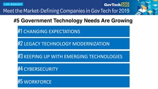 #5 Government Technology Needs Are Growing
#1 CHANGING EXPECTATIONS
#3 KEEPING UP WITH EMERGING TECHNOLOGIES
#2 LEGACY TECHNOLOGY MODERNIZATION
#4 CYBERSECURITY
#5 WORKFORCE
 