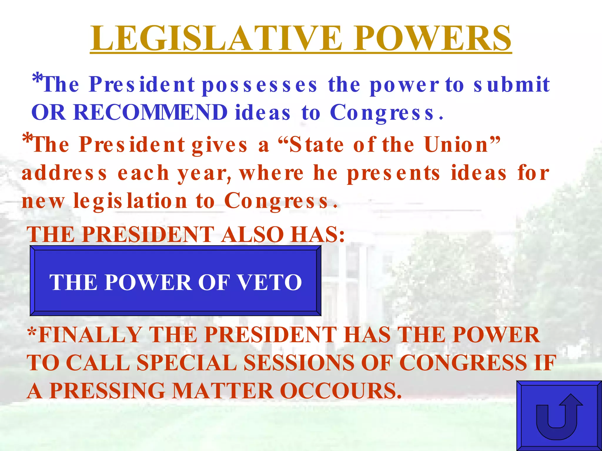 LEGISLATIVE POWERS *The President possesses the power to submit OR RECOMMEND ideas to Congress. *The President gives a “State of the Union” address each year, where he presents ideas for new legislation to Congress. THE PRESIDENT ALSO HAS: *FINALLY THE PRESIDENT HAS THE POWER TO CALL SPECIAL SESSIONS OF CONGRESS IF A PRESSING MATTER OCCOURS. THE POWER OF VETO 