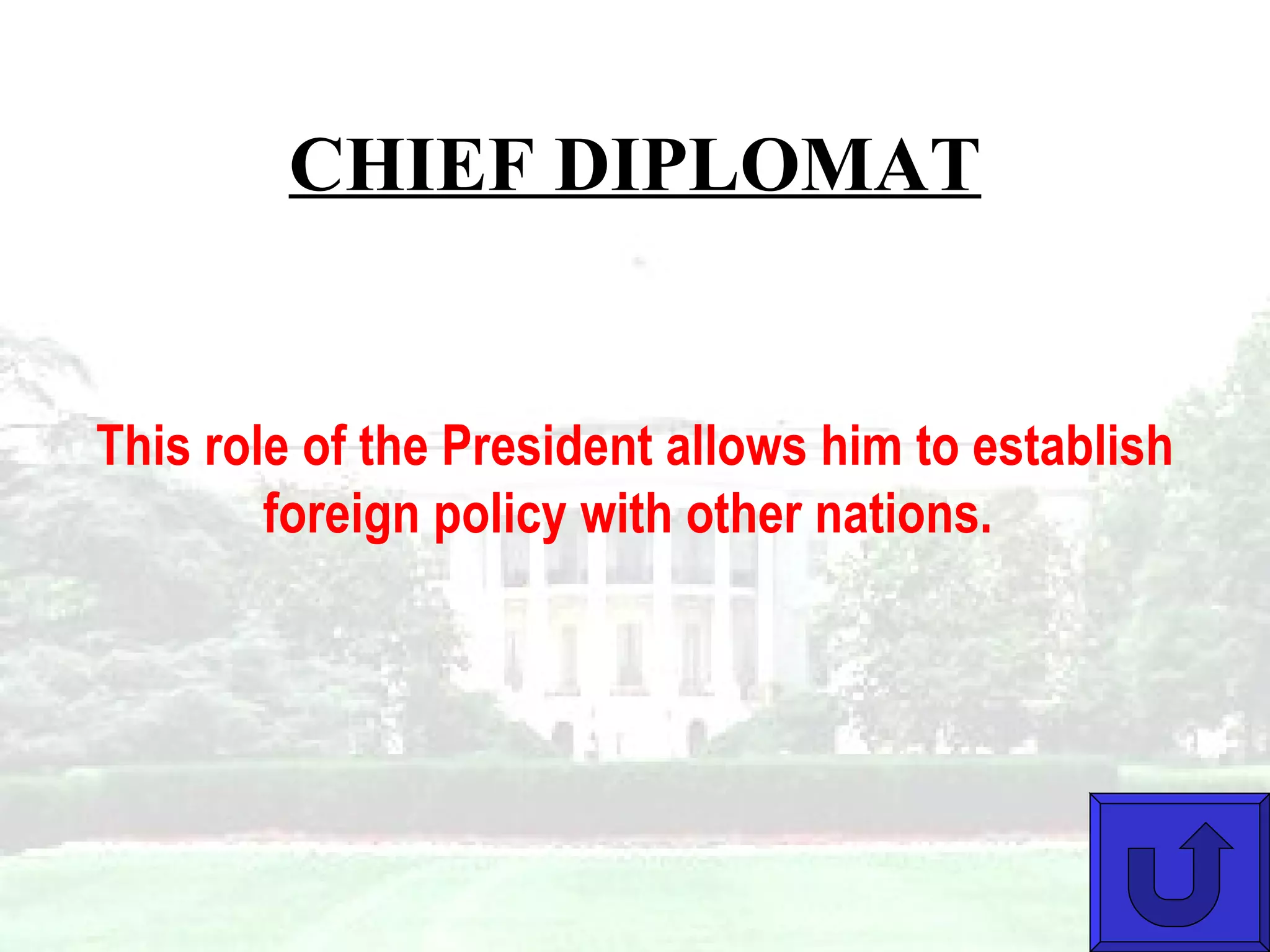 CHIEF DIPLOMAT This role of the President allows him to establish foreign policy with other nations.   