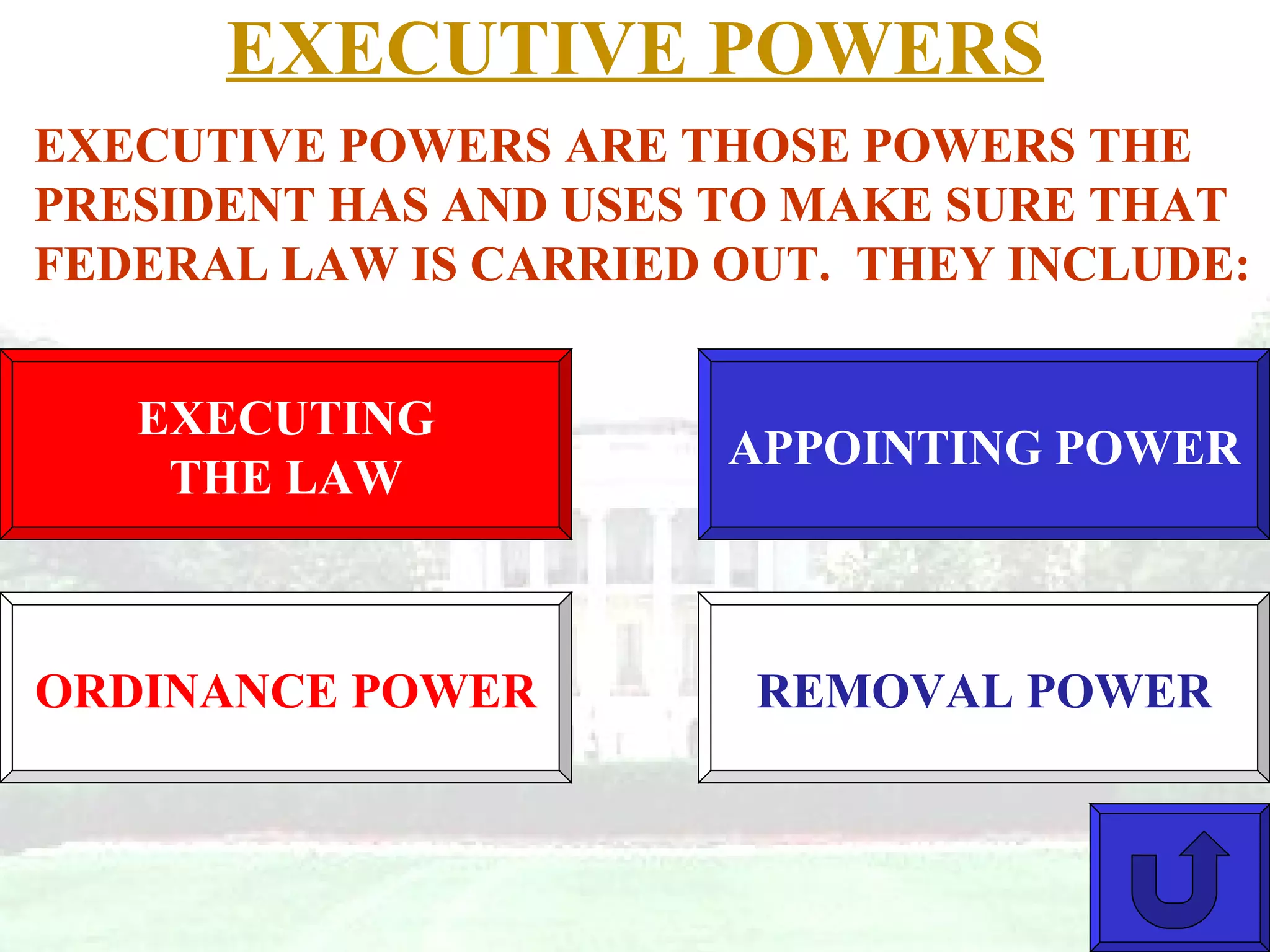 EXECUTIVE POWERS EXECUTIVE POWERS ARE THOSE POWERS THE PRESIDENT HAS AND USES TO MAKE SURE THAT FEDERAL LAW IS CARRIED OUT.  THEY INCLUDE: EXECUTING THE LAW APPOINTING POWER REMOVAL POWER ORDINANCE POWER 
