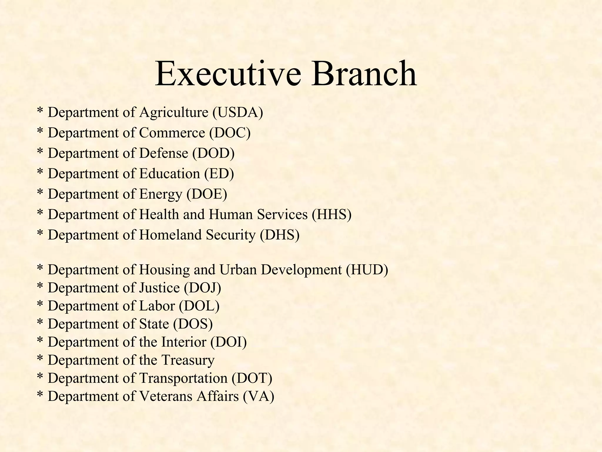Executive Branch * Department of Agriculture (USDA) * Department of Commerce (DOC) * Department of Defense (DOD) * Department of Education (ED) * Department of Energy (DOE) * Department of Health and Human Services (HHS) * Department of Homeland Security (DHS) * Department of Housing and Urban Development (HUD) * Department of Justice (DOJ) * Department of Labor (DOL) * Department of State (DOS) * Department of the Interior (DOI) * Department of the Treasury * Department of Transportation (DOT) * Department of Veterans Affairs (VA) 