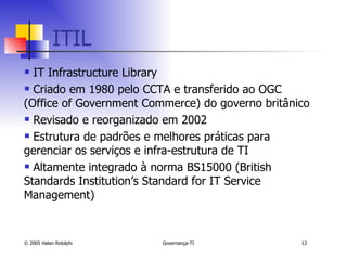 ITIL IT Infrastructure Library Criado em 1980 pelo CCTA e transferido ao OGC (Office of Government Commerce) do governo britânico Revisado e reorganizado em 2002 Estrutura de padrões e melhores práticas para gerenciar os serviços e infra-estrutura de TI  Altamente integrado à norma BS15000 (British Standards Institution’s Standard for IT Service Management) 