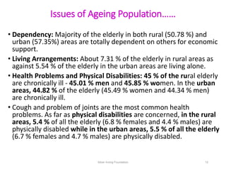 Issues of Ageing Population……
• Dependency: Majority of the elderly in both rural (50.78 %) and
urban (57.35%) areas are t...