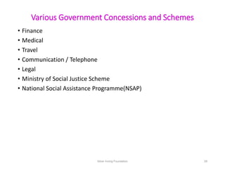 Various Government Concessions and Schemes
• Finance
• Medical
• Travel
• Communication / Telephone
• Legal
• Ministry of ...