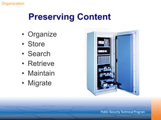 Preserving Content Organize Store Search Retrieve Maintain Migrate Organization 