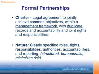Formal Partnerships Charter  -  Legal  agreement to  jointly  achieve common objectives, within a  management framework , with  duplicate  records and accountability and  joint  rights and responsibilities. Nature:  Clearly specified roles, rights, responsibilities, authorities, accountabilities, and reporting.  (structured, bureaucratic, minimizes risk). Collaboration 