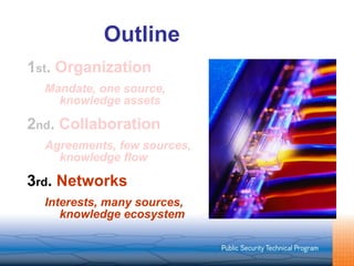 Outline 1 st .   Organization  Mandate, one source,  knowledge assets 2 nd .   Collaboration  Agreements, few sources, knowledge flow 3 rd .  Networks Interests, many sources,  knowledge ecosystem 