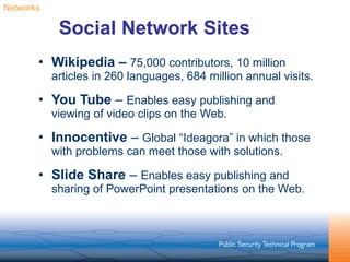 Social Network Sites Wikipedia –  75,000 contributors, 10 million articles in 260 languages, 684 million annual visits. You Tube  –  Enables easy publishing and viewing of video clips on the Web. Innocentive  –  Global “Ideagora” in which those with problems can meet those with solutions.  Slide Share  –  Enables easy publishing and sharing of PowerPoint presentations on the Web. Networks 