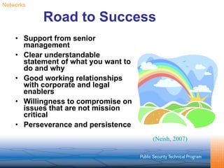 Road to Success Support from senior management Clear understandable statement of what you want to do and why Good working relationships with corporate and legal enablers Willingness to compromise on issues that are not mission critical Perseverance and persistence (Neish, 2007) Networks 