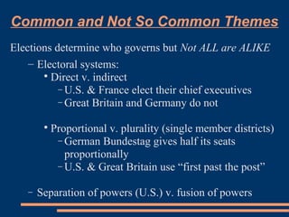 Common and Not So Common Themes
Elections determine who governs but Not ALL are ALIKE
– Electoral systems:

Direct v. indirect
− U.S. & France elect their chief executives
− Great Britain and Germany do not

Proportional v. plurality (single member districts)
− German Bundestag gives half its seats
proportionally
− U.S. & Great Britain use “first past the post”
− Separation of powers (U.S.) v. fusion of powers
 