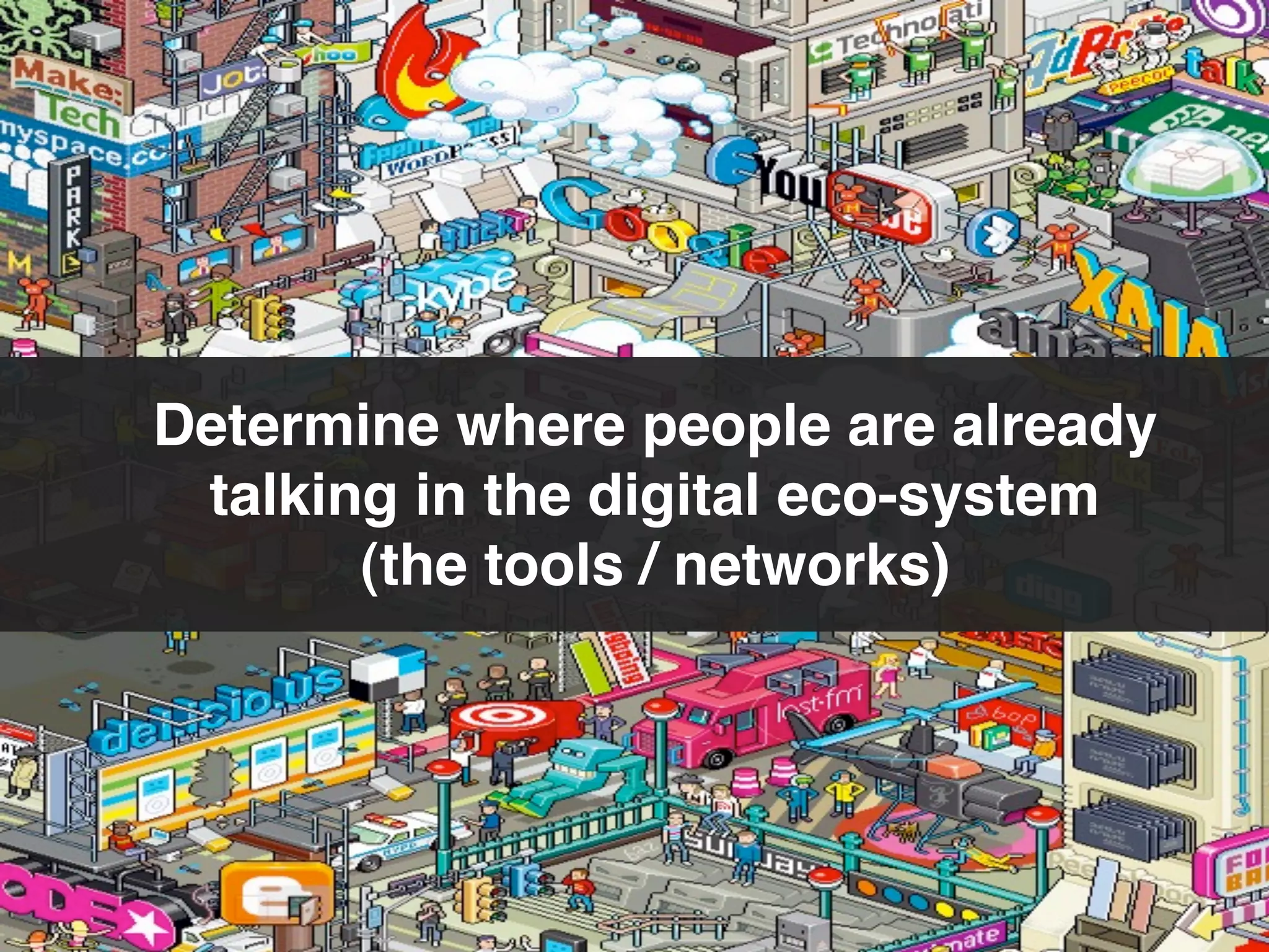 Determine where people are already
 talking in the digital eco-system
       (the tools / networks)
 
