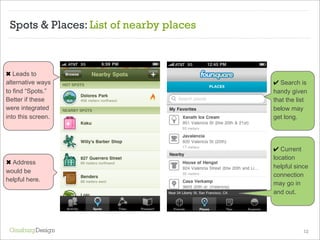 Spots & Places: List of nearby places



✖ Leads to
alternative ways                         ✔ Search is
to find “Spots.” ...