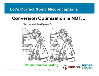 Let’s Correct Some Misconceptions

        Conversion Optimization is NOT…
                      (Can you spot the difference?)




                        Not Multivariate Testing
© 2007-2011 WiderFunnel Marketing Inc. | widerfunnel.com | @chrisgoward
 