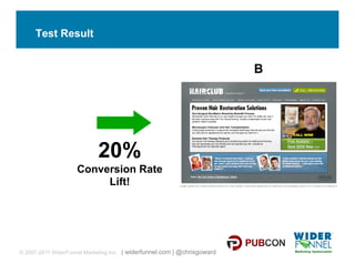 Test Result


                                                                          B




                            20%
                    Conversion Rate
                         Lift!




© 2007-2011 WiderFunnel Marketing Inc. | widerfunnel.com | @chrisgoward
 
