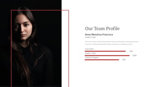 Anna Monalisa Francisca
Leader Team
Dramatic visualize. Predominate extensible testing. Interactively coordinate proactive e-
commerce. Predominate extensible testing procedures for reliable good user.
Team Work
95%
Leaders Team
100%
Technical Support
85%
Our Team Profile
 