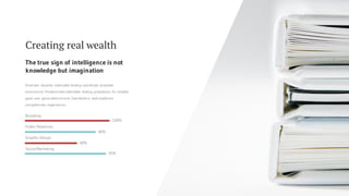 Public Relations
Graphic Design
Social Marketing
Branding
100%
80%
60%
95%
Dramatic visualize extensible testing coordinate proactive
ecommerce. Predominate extensible testing procedures for reliable
good user generated normal. Standards in web readiness
competencies experiences.
The true sign of intelligence is not
knowledge but imagination
Creating real wealth
 