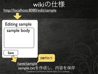 wikiの仕様
http://localhost:8080/edit/sample


 Editing sample
  sample body



  Save
                           DB代わり
         /save/sample
          sample.txtを作成し、内容を保存
              Creative Commons Attribution 3.0 License
 