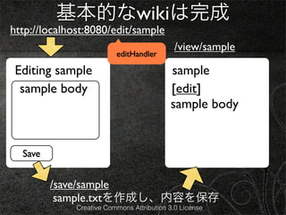 基本的なwikiは完成
http://localhost:8080/edit/sample
                                             /view/sample
                          editHandler

 Editing sample                            sample
  sample body                              [edit]
                                           sample body


  Save


         /save/sample
          sample.txtを作成し、内容を保存
              Creative Commons Attribution 3.0 License
 