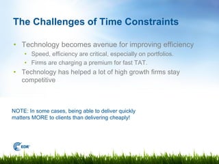 The Challenges of Time Constraints

• Technology becomes avenue for improving efficiency
     • Speed, efficiency are critical, especially on portfolios.
     • Firms are charging a premium for fast TAT.
• Technology has helped a lot of high growth firms stay
  competitive



NOTE: In some cases, being able to deliver quickly
matters MORE to clients than delivering cheaply!
 