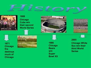 1908 Chicago Cubs win their second World Series 1986 Chicago Bears win Super Bowl XX 2005  Chicago White Sox win their third World Series History 1871  Chicago  fire destroys much of Chicago 