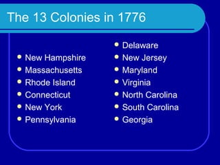 The 13 Colonies in 1776
                    Delaware
  New Hampshire    New  Jersey
  Massachusetts    Maryland
  Rhode Island     Virginia
  Connecticut      North Carolina
  New York         South Carolina
  Pennsylvania     Georgia
 