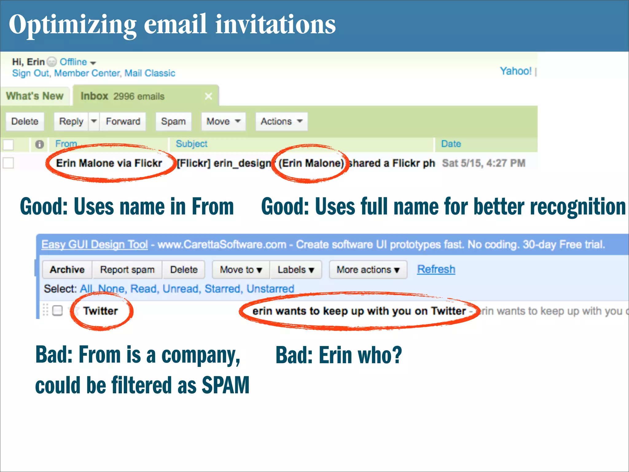 Optimizing email invitations




Good: Uses name in From   Good: Uses full name for better recognition




  Bad: From is a company, Bad: Erin who?
  could be ltered as SPAM
 