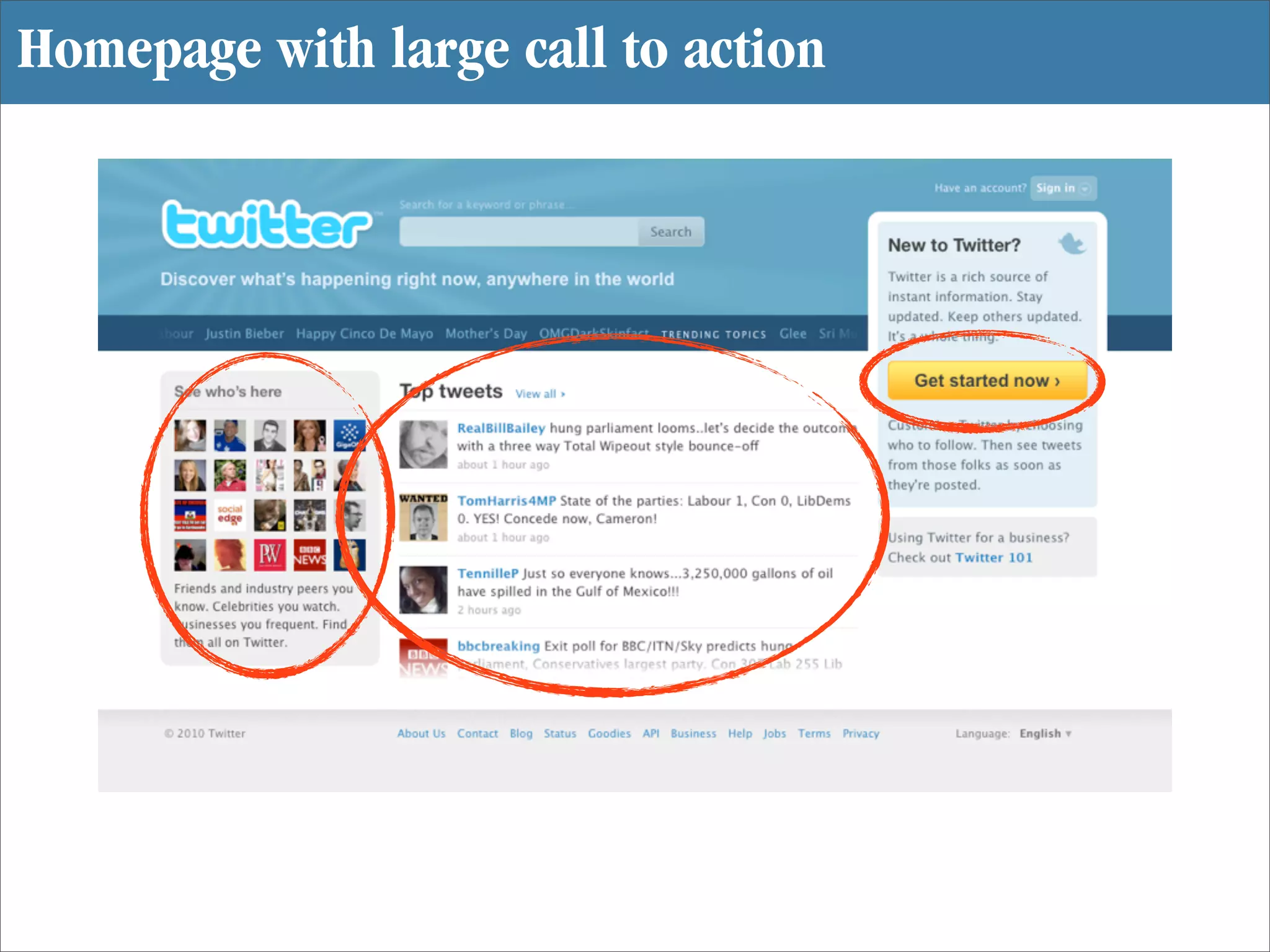 Homepage with large call to action
 