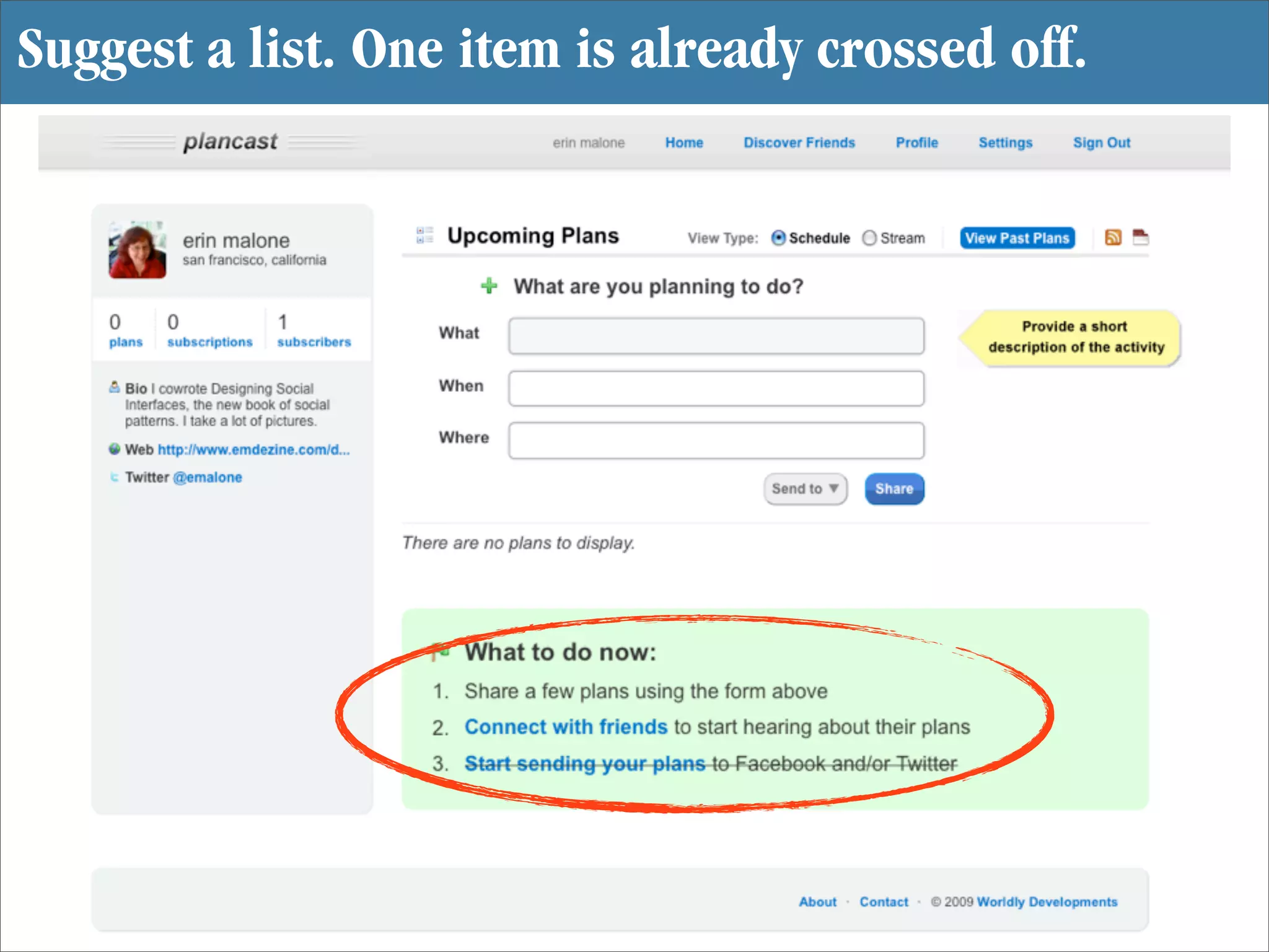 Suggest a list. One item is already crossed off.
 