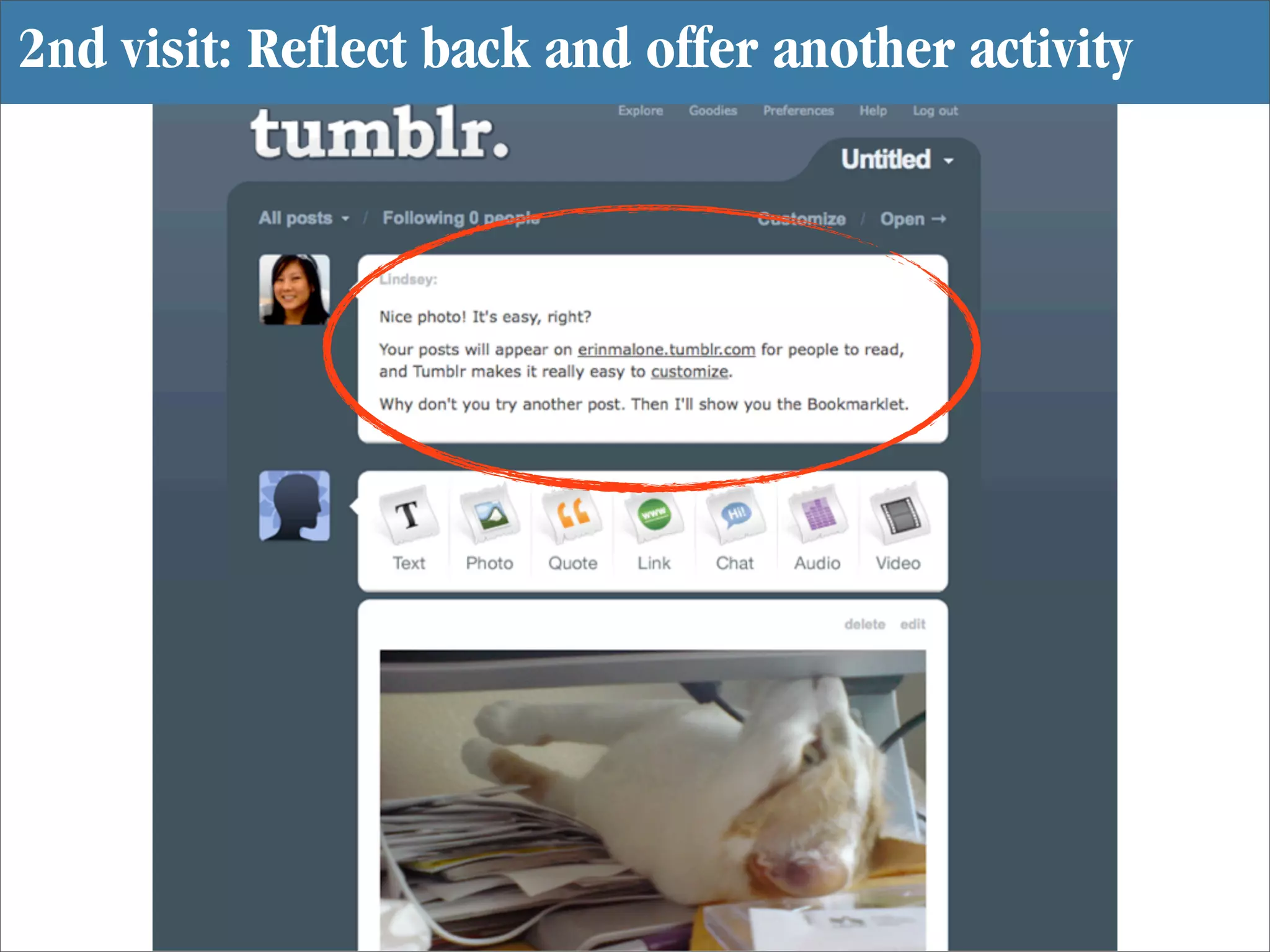 2nd visit: Reflect back and offer another activity
 