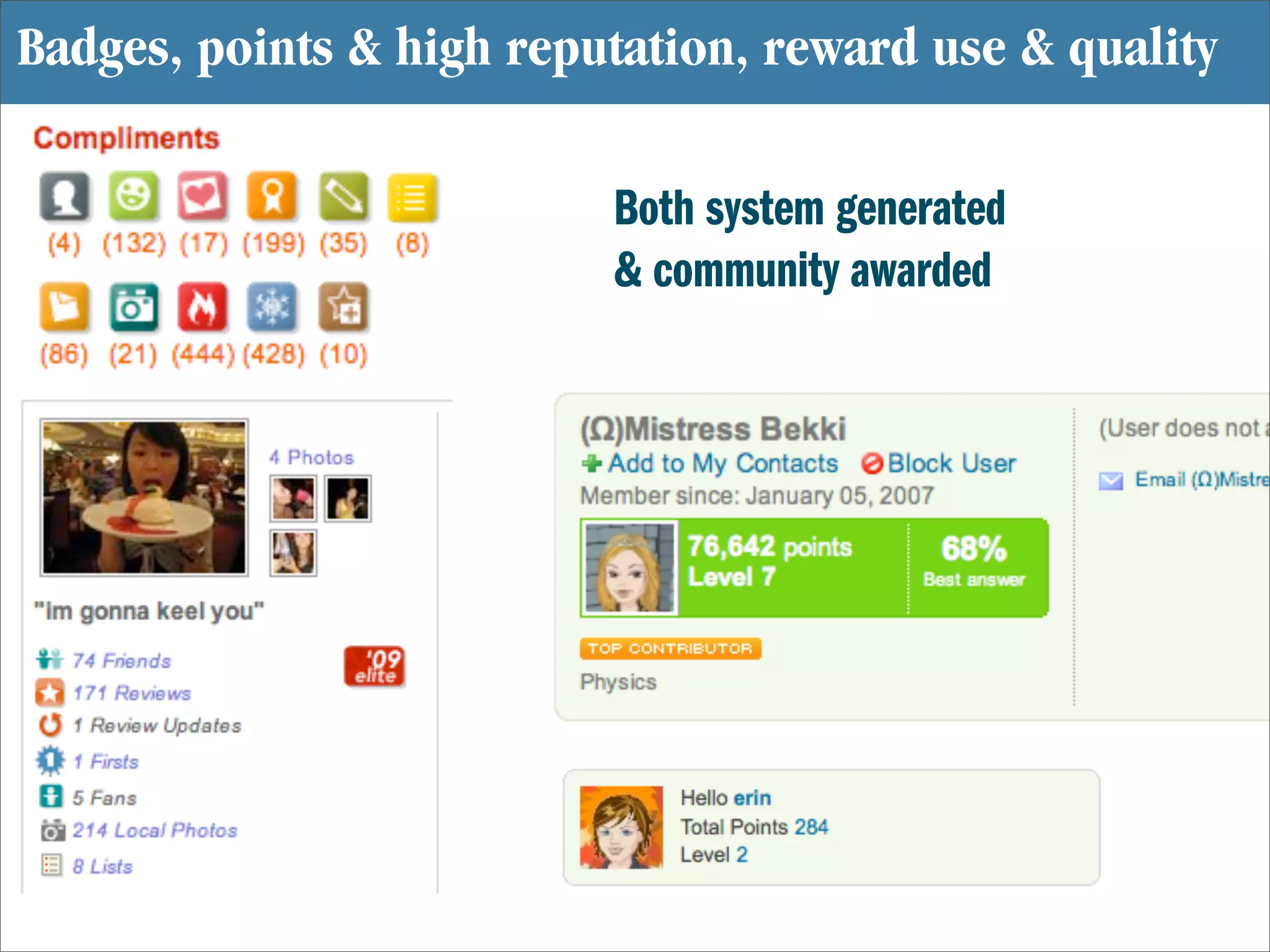 Badges, points & high reputation, reward use & quality

                          Both system generated
                          & community awarded
 