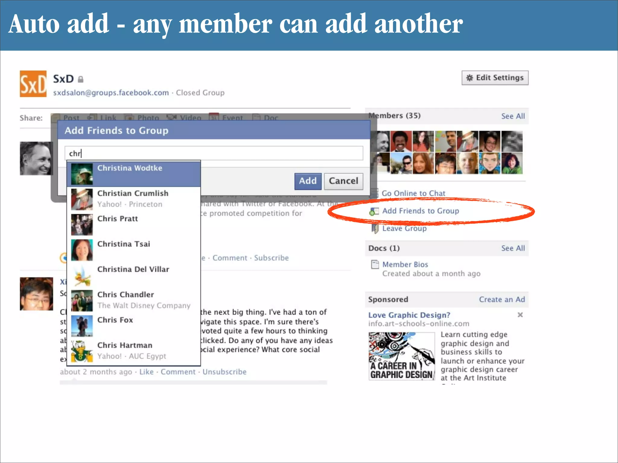 Auto add - any member can add another
 