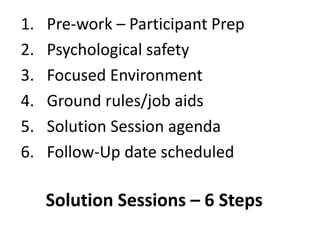 Solution Sessions – 6 Steps
1. Pre-work – Participant Prep
2. Psychological safety
3. Focused Environment
4. Ground rules/job aids
5. Solution Session agenda
6. Follow-Up date scheduled
 
