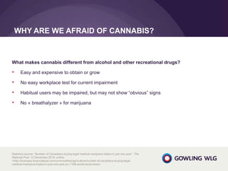 What makes cannabis different from alcohol and other recreational drugs?
• Easy and expensive to obtain or grow
• No easy workplace test for current impairment
• Habitual users may be impaired, but may not show “obvious” signs
• No « breathalyzer » for marijuana
Statistics source: “Number of Canadians buying legal medical marijuana triples in just one year”, The
National Post, 13 December 2016, online:
<http://business.financialpost.com/commodities/agriculture/number-of-canadians-buying-legal-
medical-marijuana-triples-in-just-one-year-pn-1188-words-local-news>.
WHY ARE WE AFRAID OF CANNABIS?
 