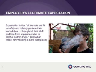 EMPLOYER’S LEGITIMATE EXPECTATION
76
Expectation is that “all workers are fit
to safely and reliably perform their
work duties … throughout their shift
and free from impairment due to
alcohol and/or drugs.” [Canadian
Model for Providing a Safe Workplace]
 
