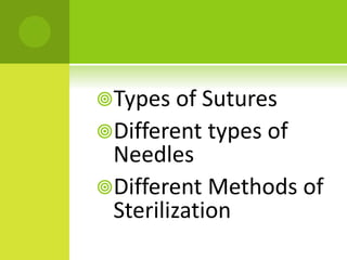 Types of Sutures
Different types of
Needles
Different Methods of
Sterilization
 