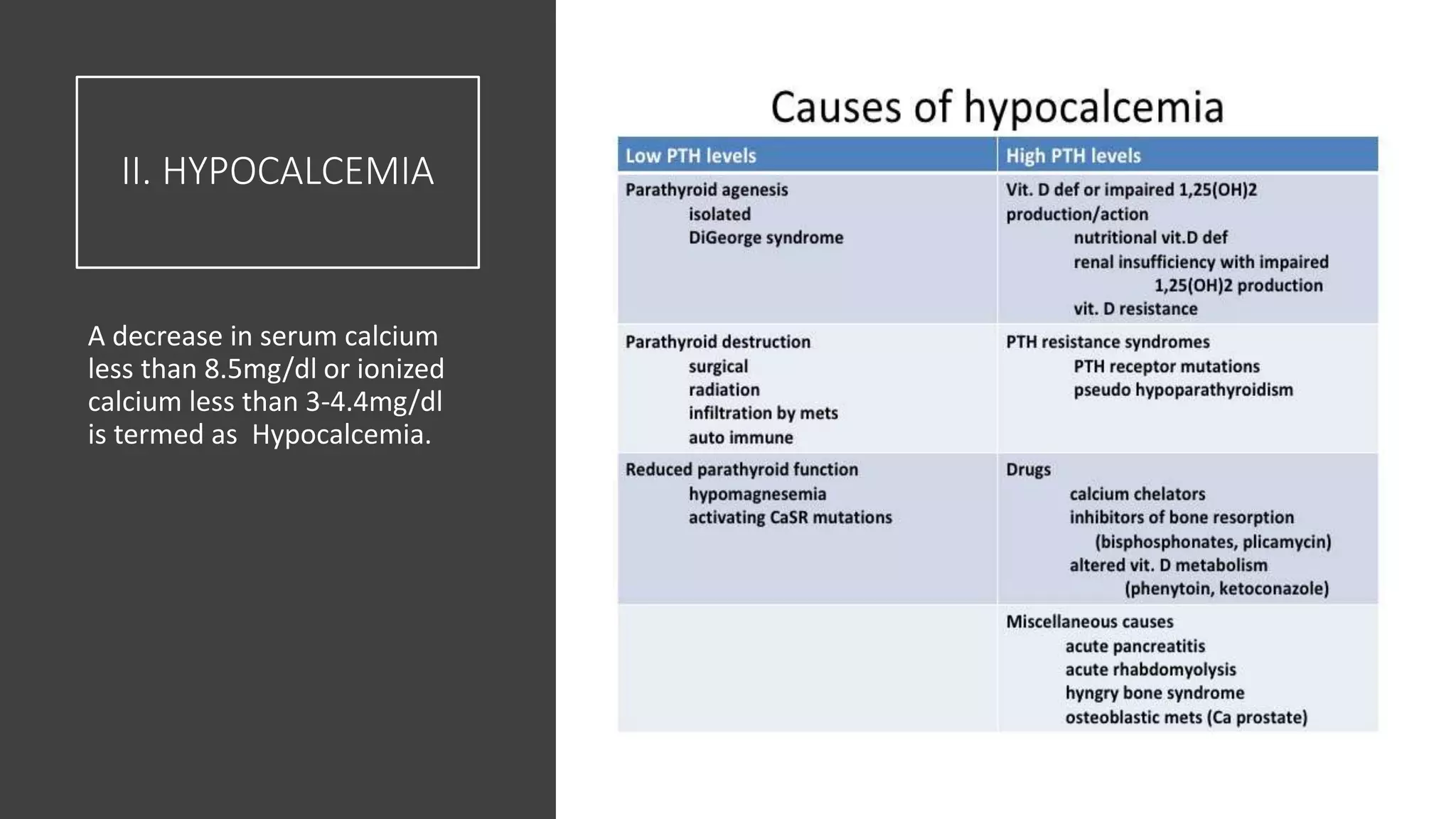 II. HYPOCALCEMIA
A decrease in serum calcium
less than 8.5mg/dl or ionized
calcium less than 3-4.4mg/dl
is termed as Hypocalcemia.
 