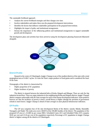 Annexures 
The sustainable livelihood approach: 
• Analyses the current livelihood strategies and their changes over time. 
• Involves stakeholders and makes them own the proposed development interventions. 
• Identifies the factors that influence stakeholder participation in the proposed interventions. 
• Highlights the impact of policy and institutional arrangements. 
• Stresses the importance of the influencing policies and institutional arrangements to support sustainable 
103 
growth and development. 
The development plans and activities have been arrived at using the development planning framework illustrated 
alongside. 
District Profile 
Situated in the center of Chhattisgarh, Janjgir-Champa is one of the smallest districts of the state with a total 
geographical area of 4,464.7 sq km. It is also the State's major producer of food grains and is considered the heart 
of the State. 
Demography of the district is characterised by: 
• Higher proportion of SC population 
• Higher incidence of poverty 
The district is situated between the industrial belts of Korba, Raigarh and Bilaspur. There are only five big 
industries located here. There are major industries in the neighbouring Korba and Raigarh districts. Janjgir-Champa 
district compares unfavorably with the State averages for most of the human development indicators. Some positives 
however are that the incidence of poverty is lower, overall literacy is higher (though the provision of government 
schools is much lower). Janjgir-Champa is ahead of State averages in most physical infrastructure indicators. 
GP Profile 
The GP area comprises four of the nine development blocks of the district, namely: Baloda, Bamnidih, 
Nawagarh, and Shakti. The study area covers 100,873 of the 226,803 families of the district. The population of the 
proposed GP area is 5, 41,669 (as per census 2001). Scheduled Castes (SC) and Scheduled Tribes (ST) comprise 
20.01 per cent and 12.44 per cent of the population respectively. Percentage of SC population in Janjgir-Champa 
district is highest among all the districts of Chhattisgarh. 
 