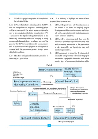 Growth Pole Programme For Unorganised Sector Enterprise Development 
36 
• Award PPP projects to private sector specialists 
for individual SPVs. 
5.54 GPCL will also hold a minority stake in the SPVs 
that will emerge from the program. Community groups 
will be co-owners with the private sector specialist who 
may be given majority stake in the operating level SPV. 
This achieves the objective of equitable returns to the 
beneficiary community even while bringing in strong 
commercially focussed players to enhance success of the 
projects. The GPCL interest in specific sectors ensures 
that an overall coordinated program of development is 
achieved with the government presence being a source 
of in-built regulation. 
5.55 The above arrangement can also be presented as 
in the Fig 5.3 given below. 
5.56 It is necessary to highlight the merits of this 
proposed long term structure: 
1. GPCL will operate on a self-financing mode as 
the success of the SPVs and ongoing project 
development will increase its revenues and, thus, 
will not be dependent on state budgetary support, 
except for newer initiatives. 
2. GPCL will be autonomous and, thus, have the 
freedom to operate like a private sector entity even 
while remaining accountable to the government 
as a key shareholder and through the state level 
monitoring committee. 
3. GPCL's mandate is around the development of 
sustainable enterprises that will benefit the project 
area and not a geographical mandate. This avoids 
another layer of government institutions while 
Fig 5.3 
 