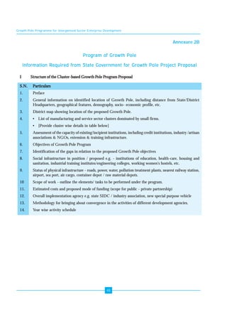 Growth Pole Programme for Unorganised Sector Enterprise Development 
48 
Annexure 2B 
Program of Growth Pole 
Information Required from State Government for Growth Pole Project Proposal 
I Structure of the Cluster-based Growth Pole Program Proposal 
S.N. Particulars 
1. Preface 
2. General information on identified location of Growth Pole, including distance from State/District 
Headquarters, geographical features, demography, socio- economic profile, etc. 
3. District map showing location of the proposed Growth Pole. 
4. • List of manufacturing and service sector clusters dominated by small firms. 
• [Provide cluster wise details in table below] 
5. Assessment of the capacity of existing/incipient institutions, including credit institutions, industry /artisan 
associations & NGOs, extension & training infrastructure. 
6. Objectives of Growth Pole Program 
7. Identification of the gaps in relation to the proposed Growth Pole objectives 
8. Social infrastructure in position / proposed e.g. - institutions of education, health-care, housing and 
sanitation, industrial training institutes/engineering colleges, working women's hostels, etc. 
9. Status of physical infrastructure - roads, power, water, pollution treatment plants, nearest railway station, 
airport, sea port, air cargo, container depot / raw material depots. 
10 Scope of work - outline the elements/ tasks to be performed under the program. 
11. Estimated costs and proposed mode of funding (scope for public - private partnership) 
12. Overall implementation agency e.g. state SIDC / industry association, new special purpose vehicle 
13. Methodology for bringing about convergence in the activities of different development agencies. 
14. Year wise activity schedule 
 