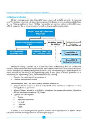 Growth Pole Programme for Unorganised Sector Enterprise Development 
Project Steering Committee 
76 
Technical Support 
Consultant 
Chamoli PLC 2 
Non-tourism business 
Incubating Agency 
Eg. UBFDB 
(PROSCO) 
Chamoli PLC 1 
Tourism business 
Project Implementation Core Group 
(PICO) 
PICO Stakeholder 
Advisory Council 
Community Based Orgs. 
SHG / Federation Group 
Institutional Mechanism 
The interventions proposed in the Chamoli GP are not commercially profitable and entail a developmental 
cycle. The significant commercial scale interventions are primarily the Tourism sector projects that entail a lead time 
of 1 year (Yatra up-gradation) to 3 years (Trekking Hub); and the agri-horti interventions involving 8000 house-holds. 
It is suggested that an interim structure of an implementing agency be created as under: 
The Project Steering Committee will be an apex body at state level headed by the Chief Secretary with 
concerned Principal Secretaries of different departments. This will be needed to ensure inter-departmental coordi-nation 
at the highest level. The Project Implementation Core Group will be headed by the District Magistrate and 
oversee the day to day functioning by the implementing Agency. A nodal agency of the state government can be 
nominated by the Implementing Agency, which in turn can do the following: 
• Outsource the work to a private sector agency; or 
• Undertake the implementation itself 
The implementing agency will have to have the following competencies: 
• A Project Director to interact at the state level and with central ministries for coordination of various 
existing schemes of government. 
• A Project Manager who will be at the District to implement the program and coordinate efforts of the 
different line departments with the GP Program 
• Experts in the following fields: 
o Tourism 
o Agriculture/horticulture 
o Livestock 
o Handicrafts 
o NTFP 
In addition to sector specific personnel, operations personnel will be required to work in the field with the 
SHGs and community based organisations in coordinating the program. 
 