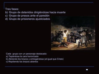 Tres fases: Grupo de detenidos dirigiéndose hacia muerte Grupo de presos ante el paredón Grupo de prisioneros ajusticiados Cada  grupo con un personaje destacado: a) Tapándose la cara horrorizado b) Abriendo los brazos y entregándose (al igual que Cristo)  c) Repitiendo los brazos abiertos 