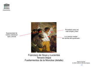 Grupo de prisioneros ajusticiados Cada  grupo con un personaje destacado: a) Tapándose la cara horrorizado b) Abriendo los brazos y entregán dose (al igual que Cristo.Hasta tiene una mano herida)  c) Repitiendo los brazos abiertos Colores cálidos dominan parte principal: blanco de camisa, amarillo del pantalón, ocre claro del suelo que contrastan con el rojo de la sangre 