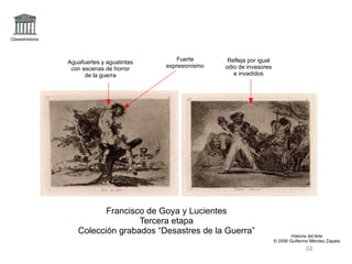 logo Claseshistoria Historia del Arte © 2006 Guillermo Méndez Zapata correo Francisco de Goya y Lucientes Tercera etapa Fusilamientos de la Moncloa +fusilamientos2 Contraste actitudes firmes y uniformes de  anónimos  soldados con variados gestos y posturas (curvadas,hundidas) de desesperación, resignación o desafío de los ajusticiados que presentan caras  individualizadas Presentación del tema de la guerra en su vertiente más sórdida Tercio superior dominado por negrura aumenta la sensación de terror Paisaje urbanístico difuminado por oscuridad Primer cuadro de historia en que protagonista es la masa no un aristócrata o un militar 