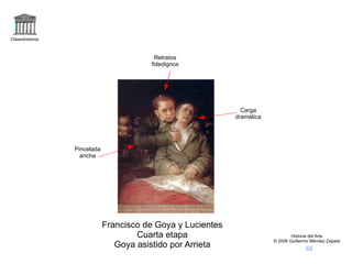 logo Claseshistoria Historia del Arte © 2006 Guillermo Méndez Zapata correo Francisco de Goya y Lucientes Cuarta etapa Pinturas negras El aquelarre +aquelarre Abandono de la imprimación rosada de fondo por una marrón obscura Rostros deformados, grotescos Macho cabrío (diablo) de espaldas, con hábito de tonalidad muy oscura preside reunión de brujas Pintura mural (originalmente en  “ La quinta del sordo” trasladada a lienzo 