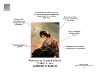 logo Claseshistoria Historia del Arte © 2006 Guillermo Méndez Zapata correo Francisco de Goya y Lucientes Cuarta etapa Colección de Grabados  “Los Disparates” +disparate2 +disparatemiedo Publicados varias décadas después Precursor del surrealismo (temas oníricos, Irreales, sacados del subconsciente Caballo representa fuerza bruta raptando a joven Canon más estilizado Combina sombreado suave con otras zonas intensas para reforzar el dramatismo de la escena 