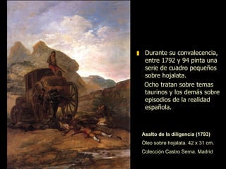 Al poco de ser nombrado Pintor de Cámara, en 1792 Goya sufrió una grave enfermedad que le dejó como secuela una profunda sordera.  Viajó a Cádiz para reponerse.  Destacan las texturas, con una pincelada suelta, luminosa y vibrante. Sebastián Martínez  (1792)  Nueva York, Metropolitan 