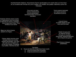 Claseshistoria Historia del Arte © 2006 Guillermo Méndez Zapata Verdugos de espaldas (anonimato, despersonalización de la máquina de guerra) Pelotón de ejecución en diagonal cerrada. Pies firmes en triángulo (estabilidad) Foco de luz de farol ilumina violentamente zona de ajusticiados. Iluminación tiene una función dramática Línea de fuerza en fusiles dirigen la vista hacia parte principal Tres fases: Grupo de detenidos dirigiéndose hacia muerte Grupo de presos ante el paredón Grupo de prisioneros ajusticiados Actitudes distintas ante la muerte: a) Tapándose la cara horrorizado b) Abriendo los brazos y entregán-dose (al igual que Cristo). Tiene heridas en sus manos Colores cálidos dominan parte principal: blanco de camisa, amarillo del pantalón, ocre claro del suelo que contrastan con el rojo de la sangre. Pinceladas muy sueltas, manchas de color Tercio superior dominado por negrura aumenta la sensación de terror Mujer con niño en brazos (alusión a la Virgen) Acontecimiento histórico: 44 personas fueron ajusticiadas en la noche del 2 al 3 de mayo en la montaña del Príncipe Pío como castigo a la rebelión del pueblo madrileño contra los franceses 