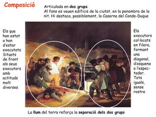 Composició          Articulada en dos grups.
                    Al fons es veuen edificis de la ciutat, en la penombra de la
                    nit. Hi destaca, possiblement, la Caserna del Conde-Duque


Els que                                                               Els
han estat                                                             executors
o han                                                                 col·locats
d’estar                                                               en filera,
executats                                                             formant
Situats                                                               una
de front                                                              diagonal,
als seus                                                              d’esquena
executors                                                             a l’espec-
amb                                                                   tador.
actituds                                                              Tots
molt                                                                  iguals,
diverses                                                              sense
                                                                      rostre




            La llum del terra reforça la separació dels dos grups
 